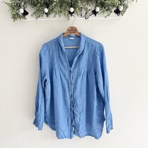Poetry 100% Linen Blue Long Sleeve Button Down Size 14 6-5040 pleated